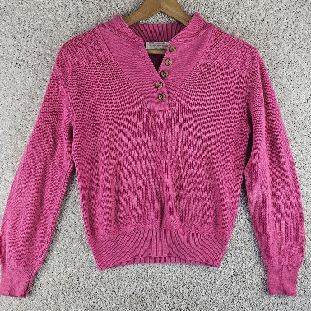 Vintage Northern Isles Hot Pink Henley Button Sweater Size Small Made In USA